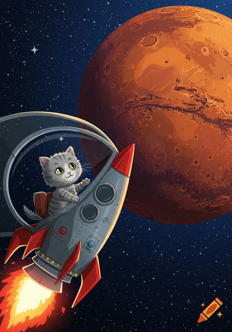 A cartoon gray tabby kitten pilots a rocket ship in space with Mars in the background.
