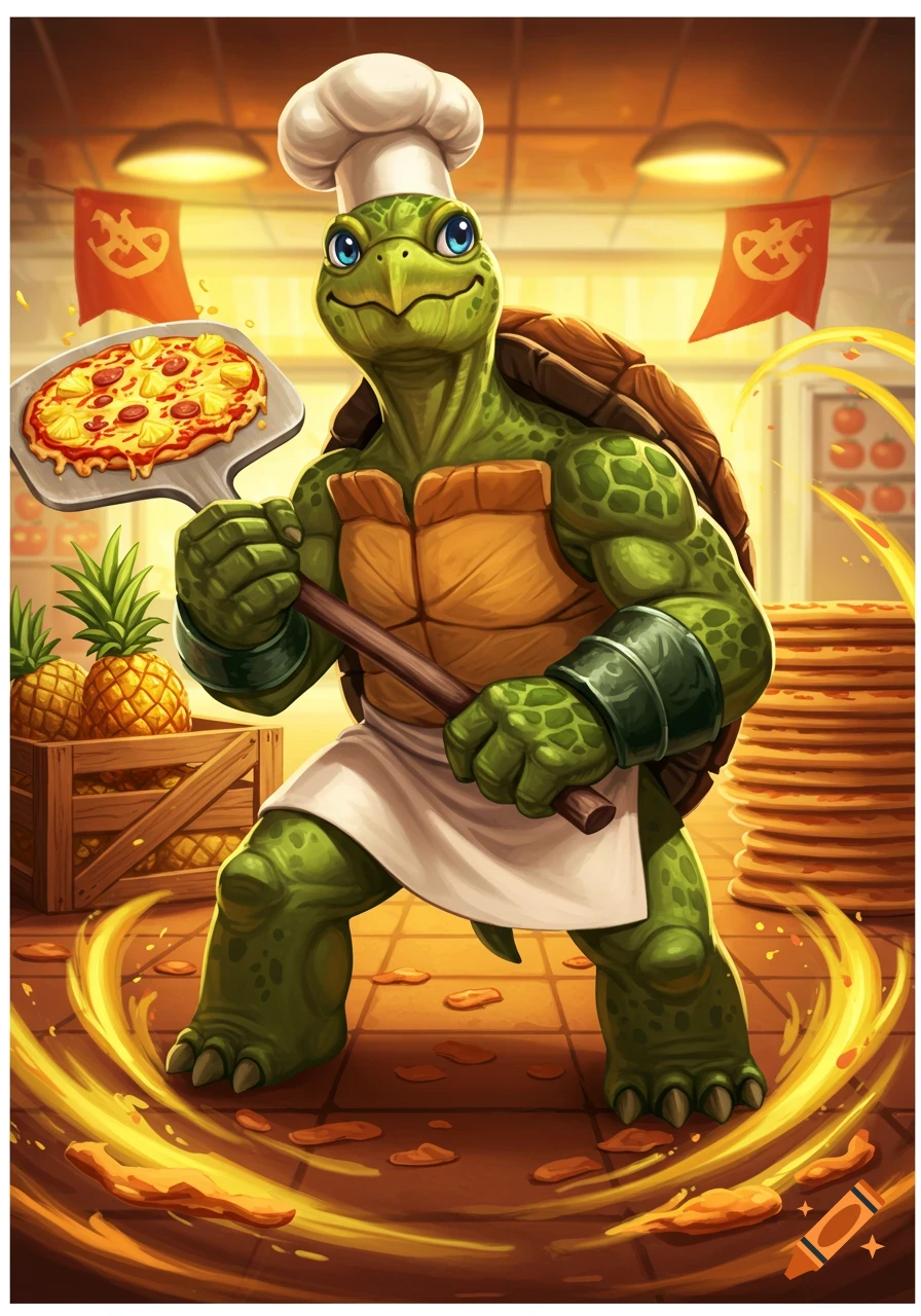 A cartoon turtle chef wearing a toque and apron, holding a pineapple pizza on a peel in a bright kitchen.