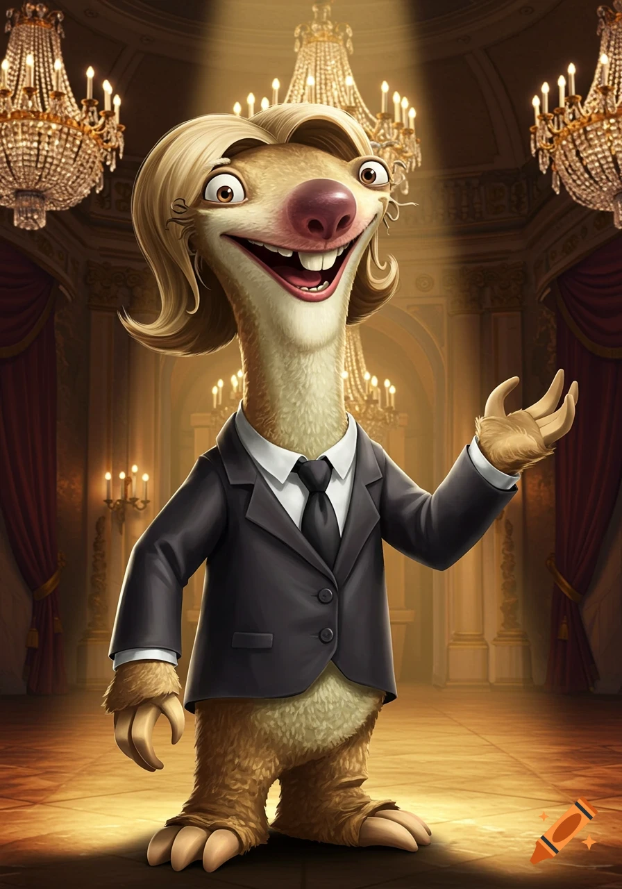 Sid the sloth from Ice Age with blonde hair, wearing a black suit and tie, smiling in a grand ballroom with chandeliers.