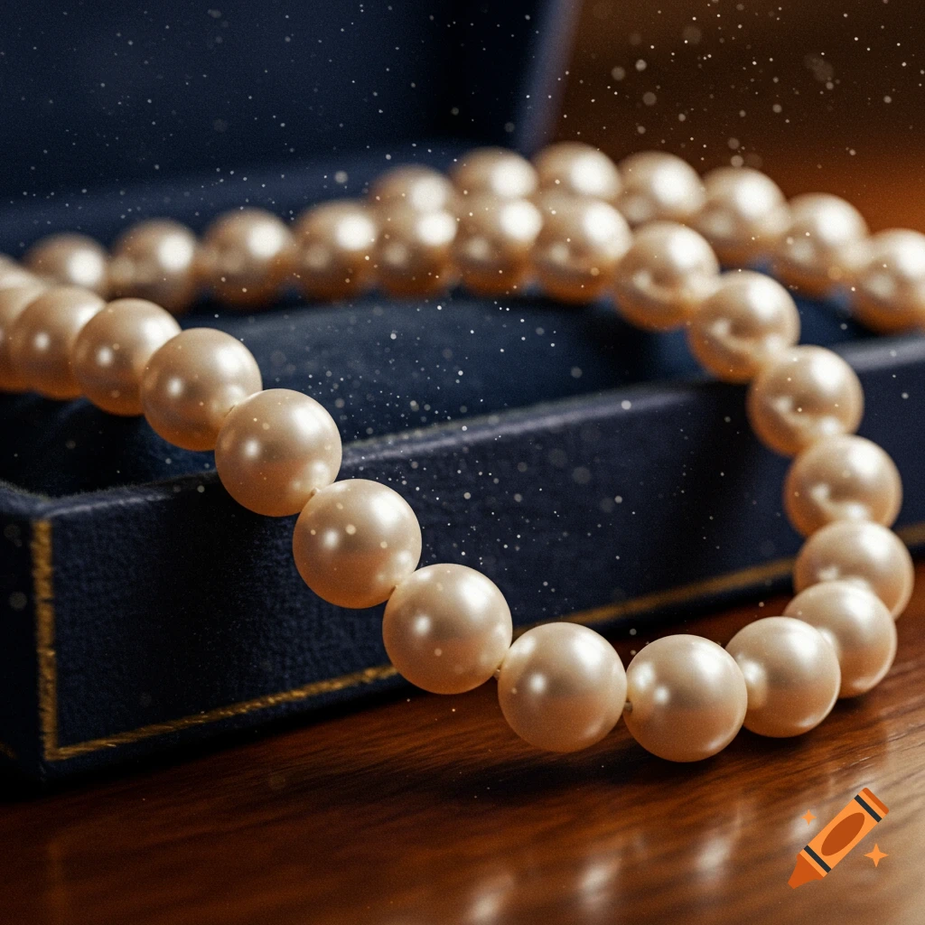 Photorealistic close-up of a pearl necklace draped across a navy blue velvet jewelry box on a wooden table.