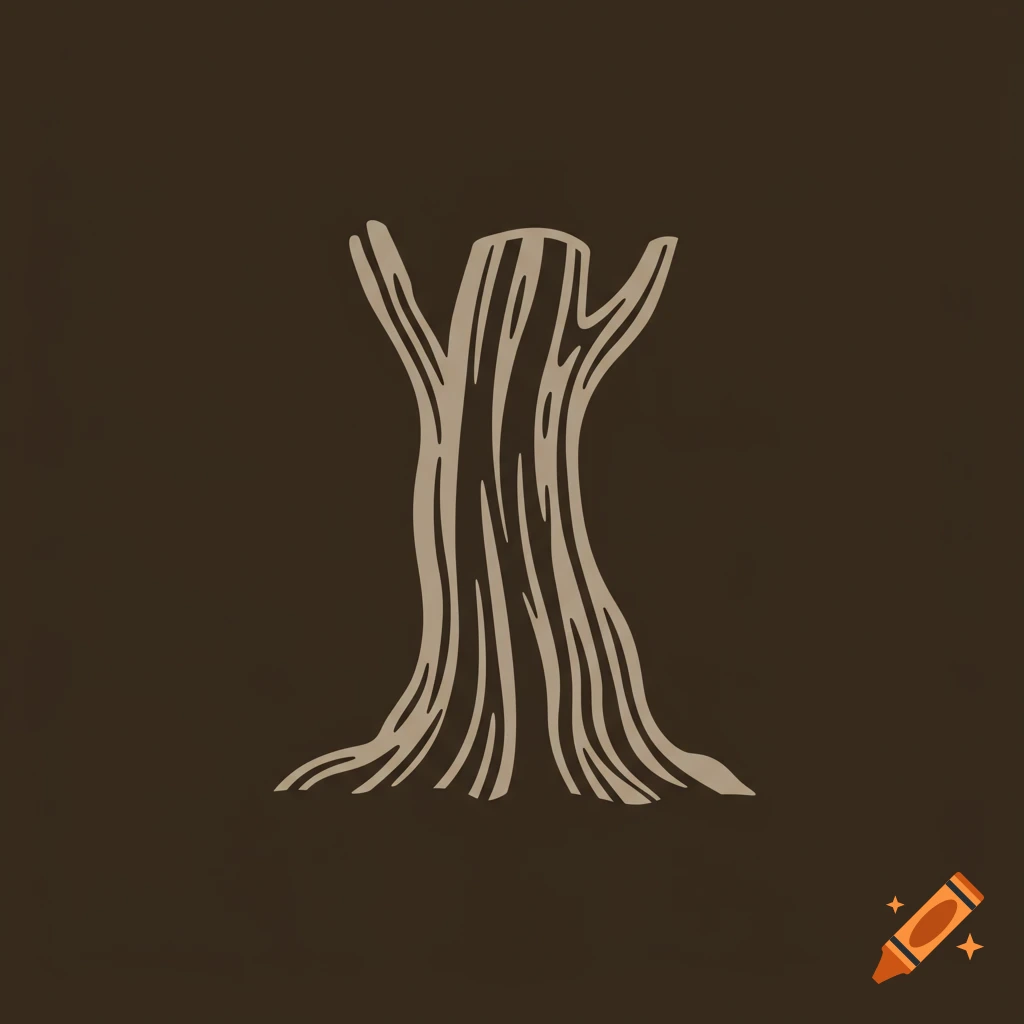 Monochrome icon of a stylized tree trunk with branches and wood grain texture, on a dark background.