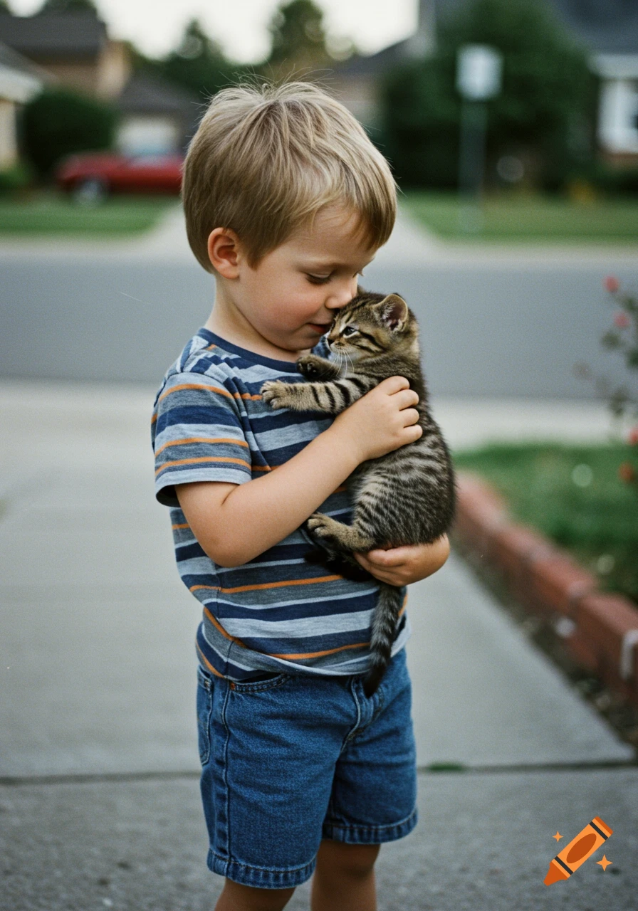 Young blonde boy gently holding and embracing a tabby kitten in a soft focus, grainy, film photo.