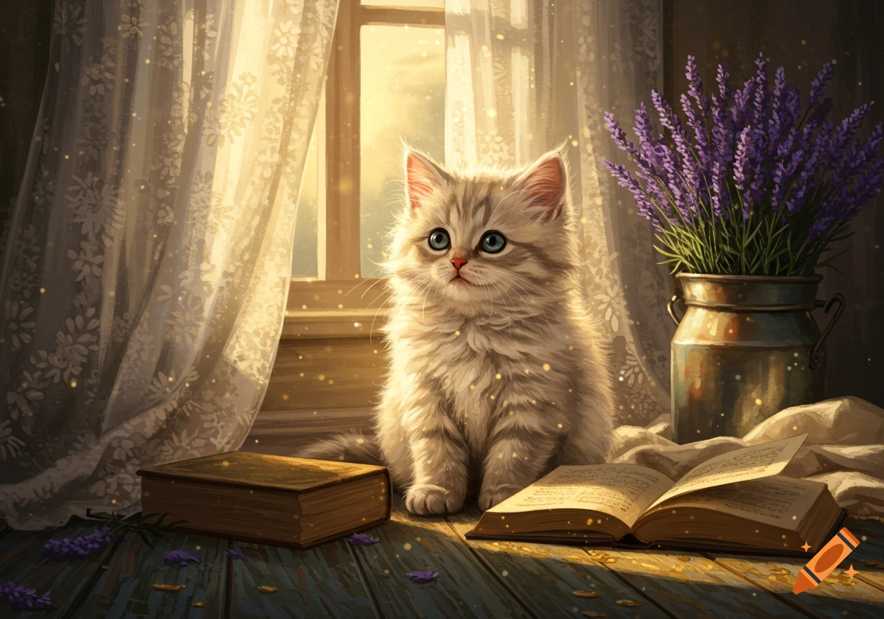 A fluffy kitten with blue eyes sits by a sunlit window, next to open books and lavender flowers in a dreamy, illustrative style.