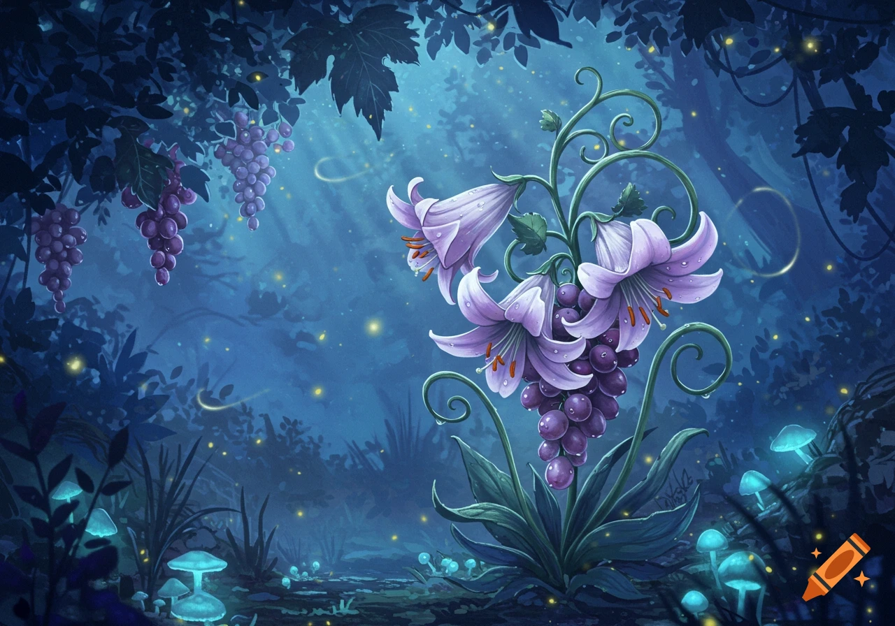 Magical twilight forest scene with glowing purple lilies, dangling grapevines, luminous blue mushrooms, and fireflies.