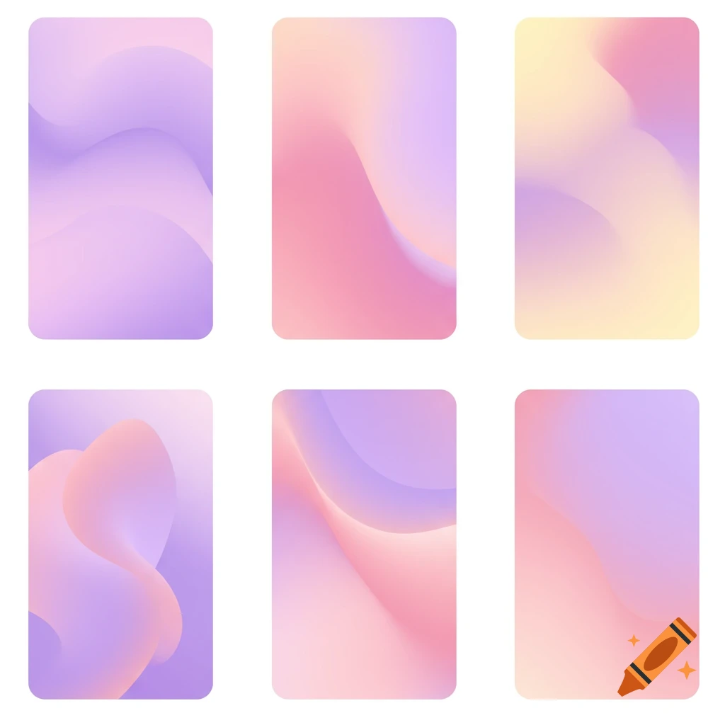 Six abstract pastel gradient wallpapers in lilac, rose, and pale yellow with soft, blurred textures.