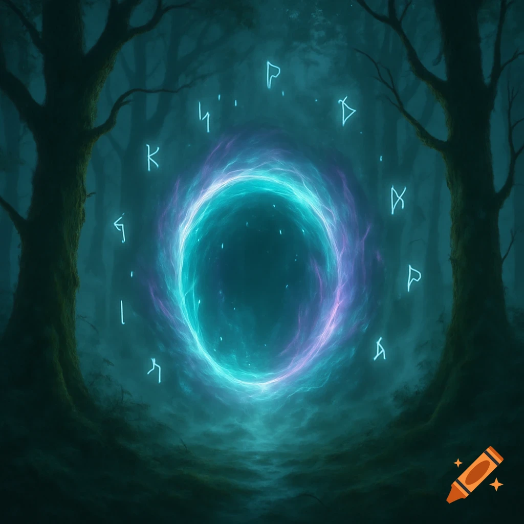 A glowing blue and purple magical portal in a dark, misty forest, surrounded by illuminated rune-like symbols.