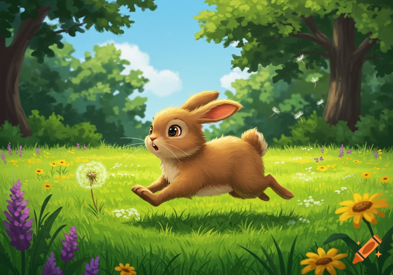 A cute brown cartoon bunny runs through a sunny green field filled with dandelions and wildflowers.