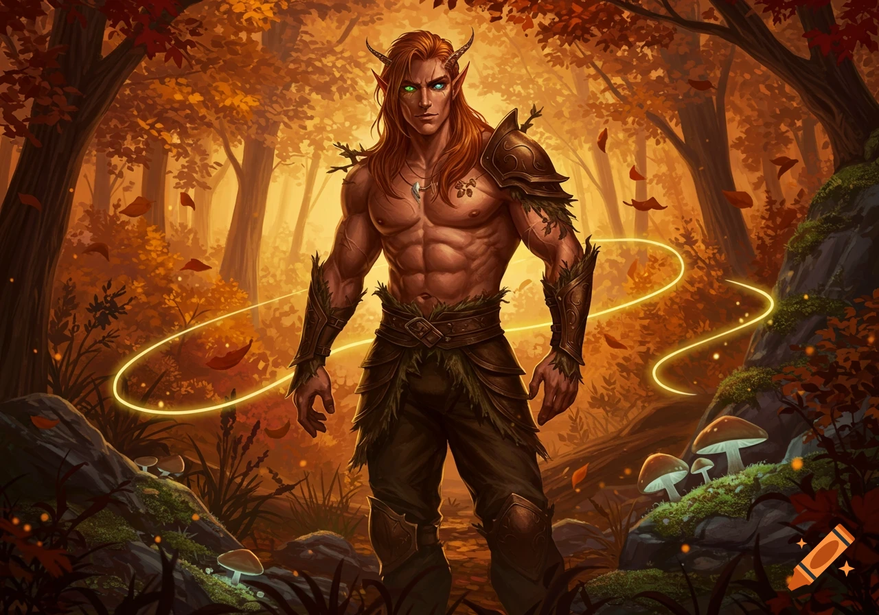 A muscular Eladrin male with long red hair, horns, and glowing green eyes stands in an autumn forest wearing armor adorned with leaves.