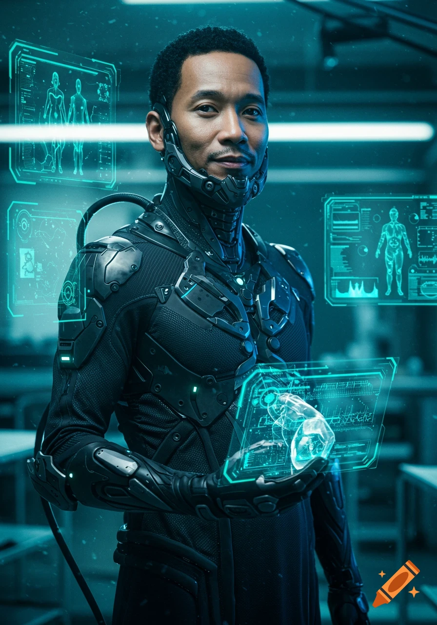A man in a futuristic armored suit with holographic medical displays in a high-tech lab.