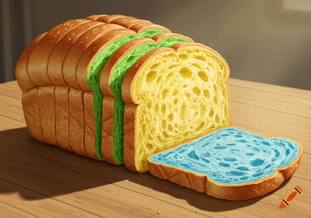 A colorful loaf of sliced bread on a wooden table, with green, yellow, and blue slices visible.