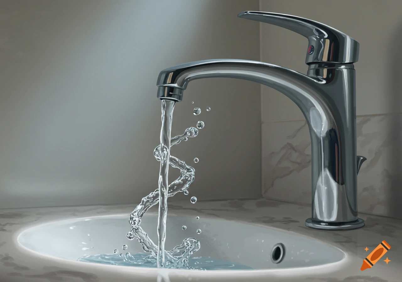 A gleaming chrome faucet with water spiraling out in a helix shape into a white sink, photorealistic.
