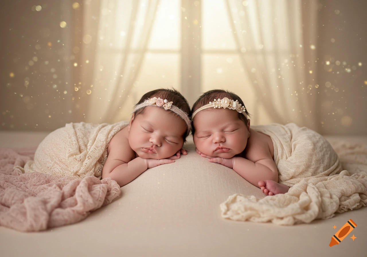 Two sleeping newborn babies with floral headbands, wrapped in soft blankets, in a bright photoshoot setting.