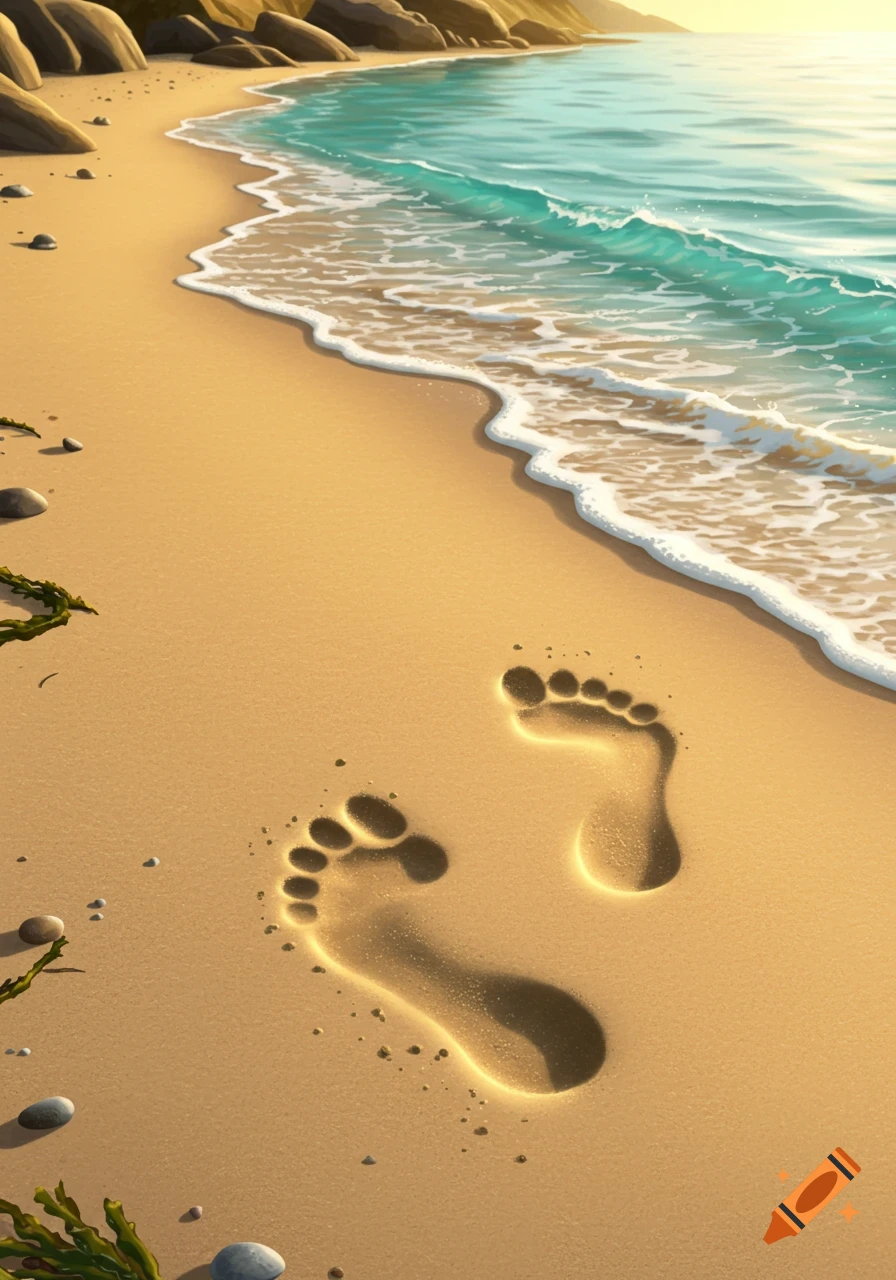 Two human footprints imprinted in golden sand on a sunlit beach, with gentle turquoise ocean waves lapping the shore and rocks in the background.