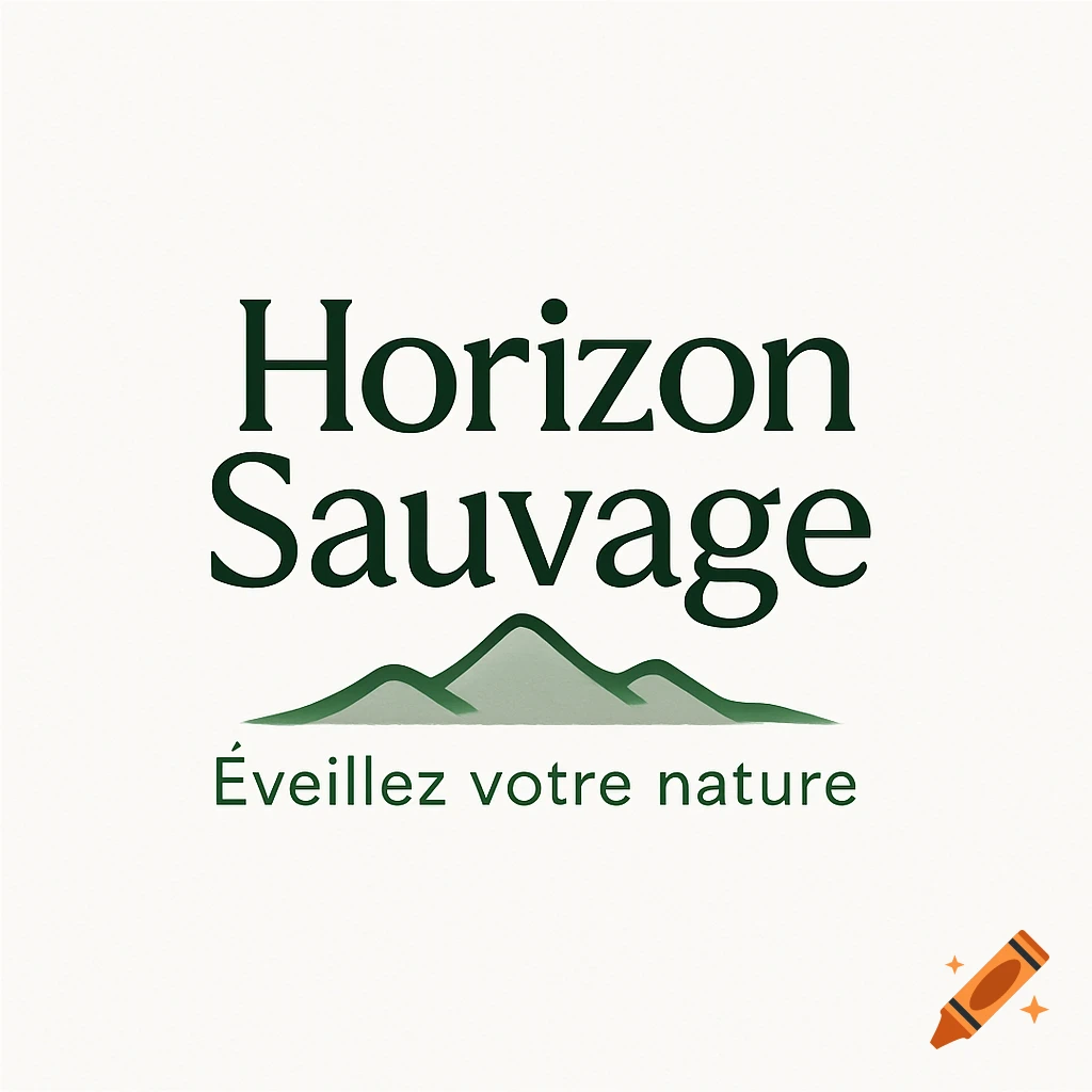 A minimalist logo with dark green text 'Horizon Sauvage' above a mountain silhouette and 'Éveillez votre nature' on a white background.