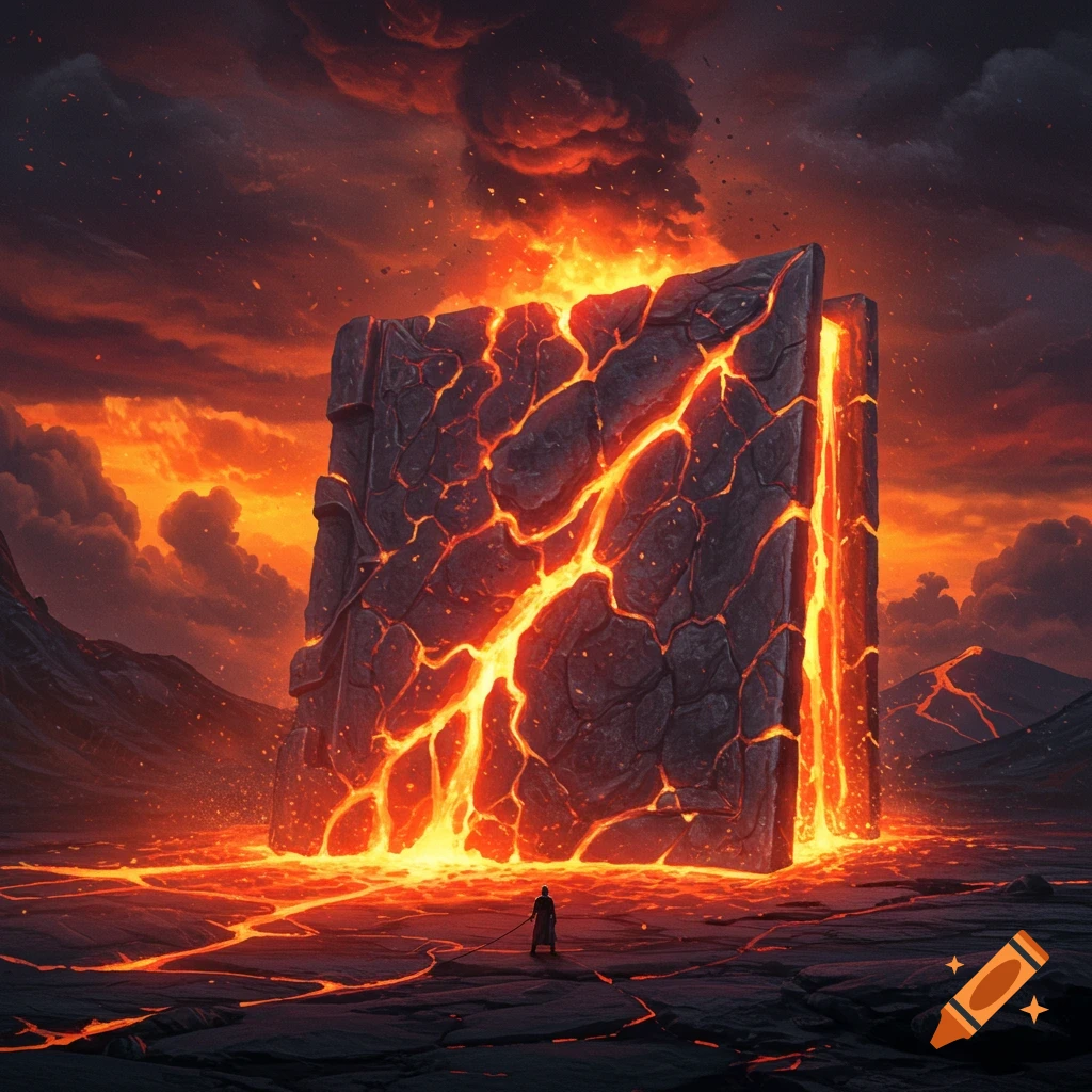 A lone figure confronts a colossal, glowing lava-filled structure in a desolate, fiery landscape.