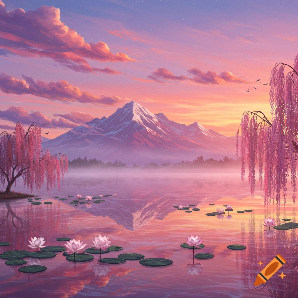 Dreamlike digital painting of a serene mountain lake at sunset with pink weeping willows and lotus flowers.
