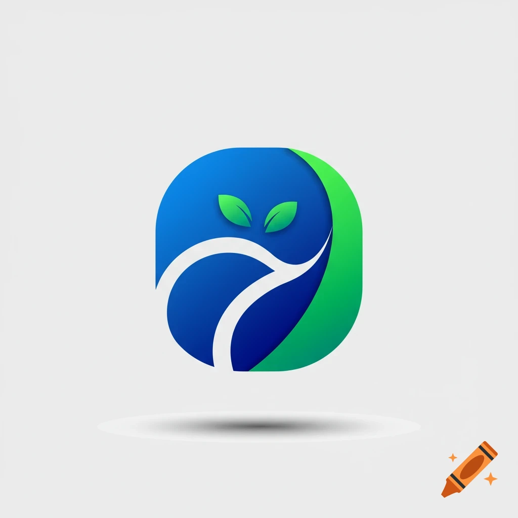 A modern abstract logo featuring a blue and green rounded square with two small green leaves and white curved lines.