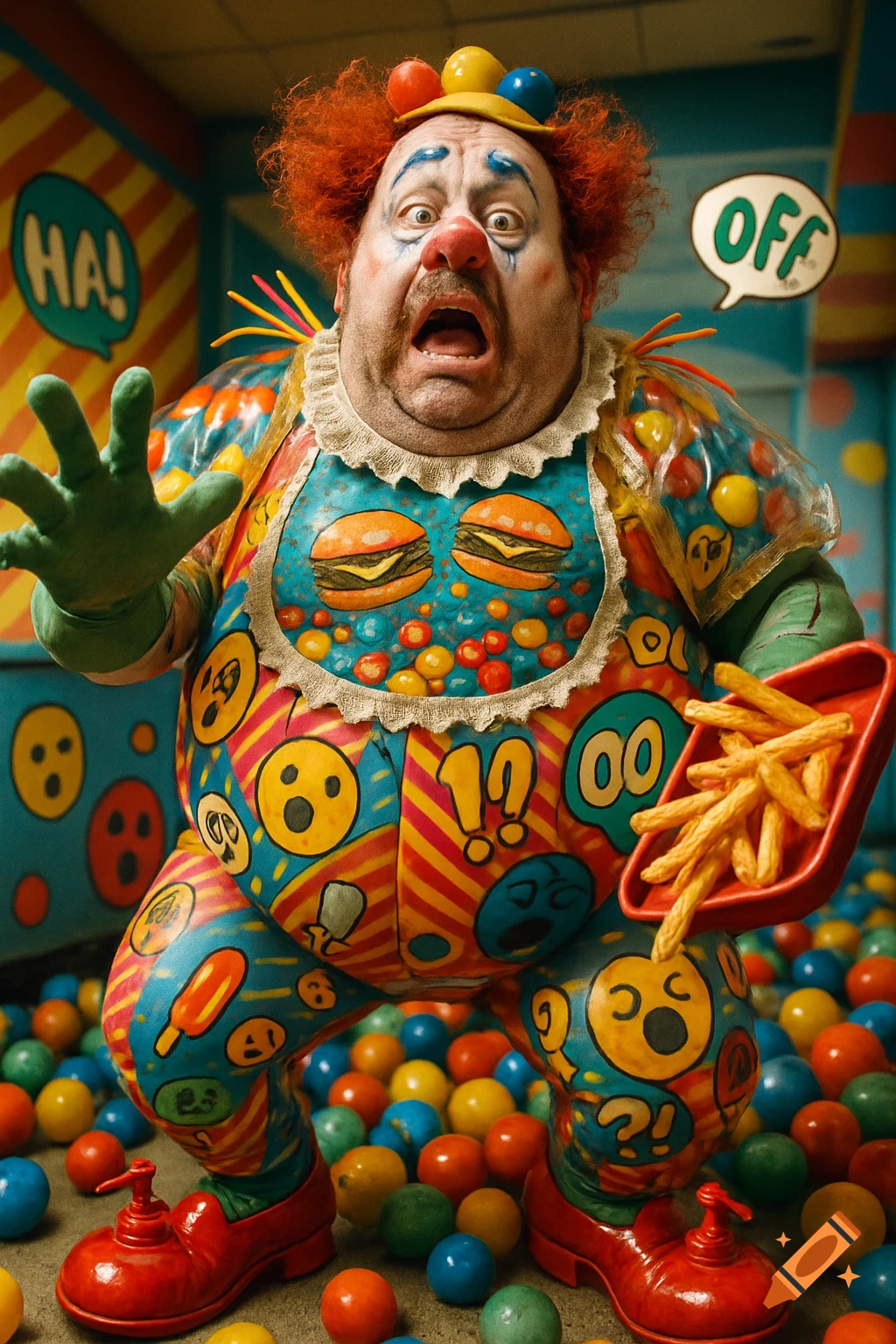 A maximalist portrait of a heavyset clown with red hair and smeared makeup, wearing a colorful, patterned costume with hamburgers on the bib and holding fries, standing in a ball pit.