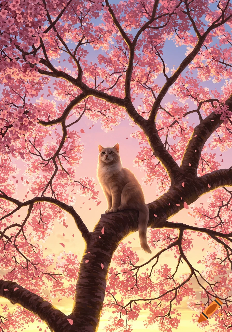 A fluffy cat sits on a branch of a cherry blossom tree with many pink flowers at sunset, in an illustration style.