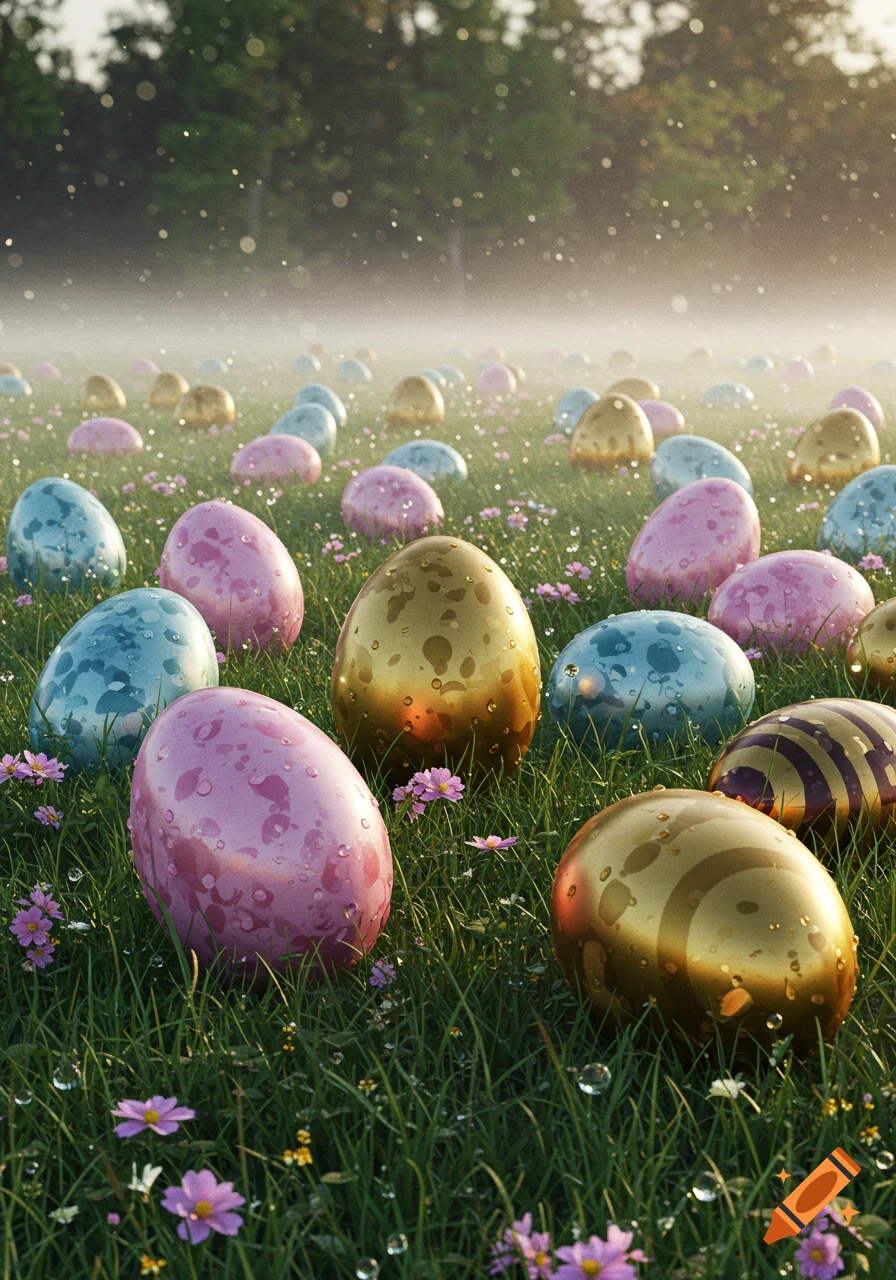 Colorful blue, pink, and gold Easter eggs with water droplets scattered across a dewy green field with small purple flowers and a misty background.
