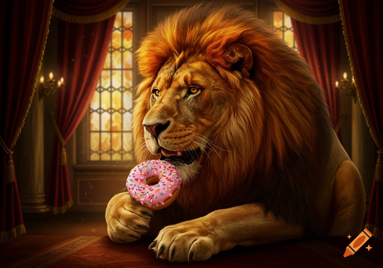 A majestic lion with a golden mane sits in a regal room, holding a pink donut with colorful sprinkles to its mouth. Photorealistic style.