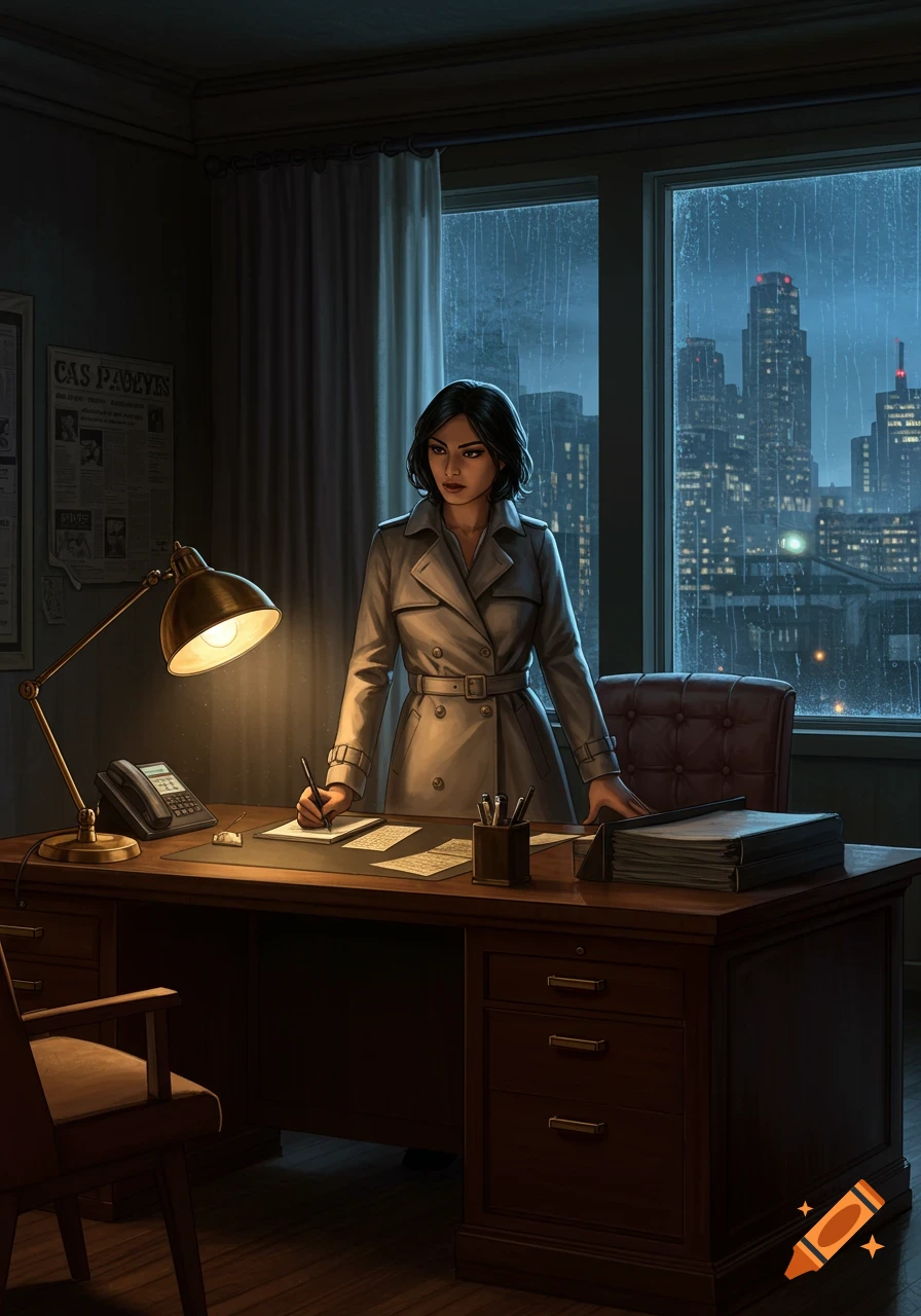 A woman in a trench coat works at a desk in a dimly lit office, with a cityscape visible through a rainy window at night. Detective noir style.