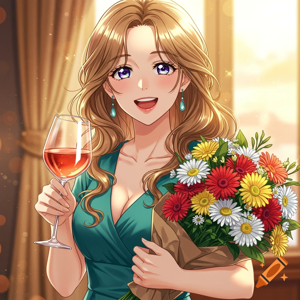 Smiling anime woman with long wavy hair holding a glass of ros é wine and a vibrant bouquet of flowers.