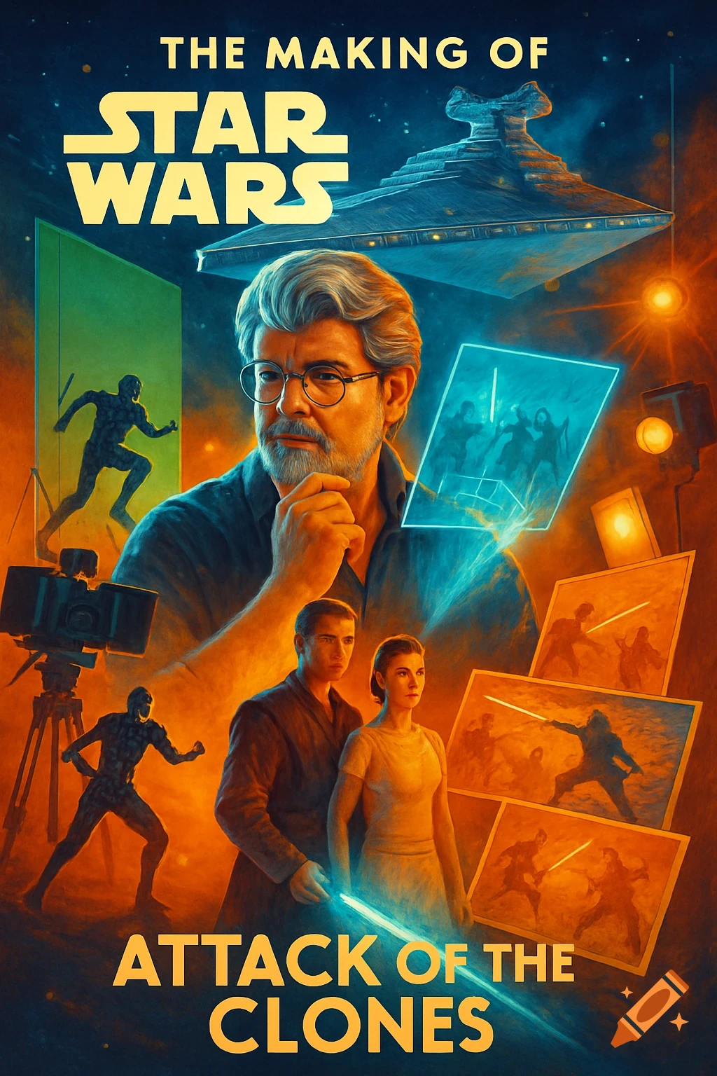 Movie poster-style illustration of George Lucas with Star Wars characters, a Star Destroyer, and filmmaking elements.
