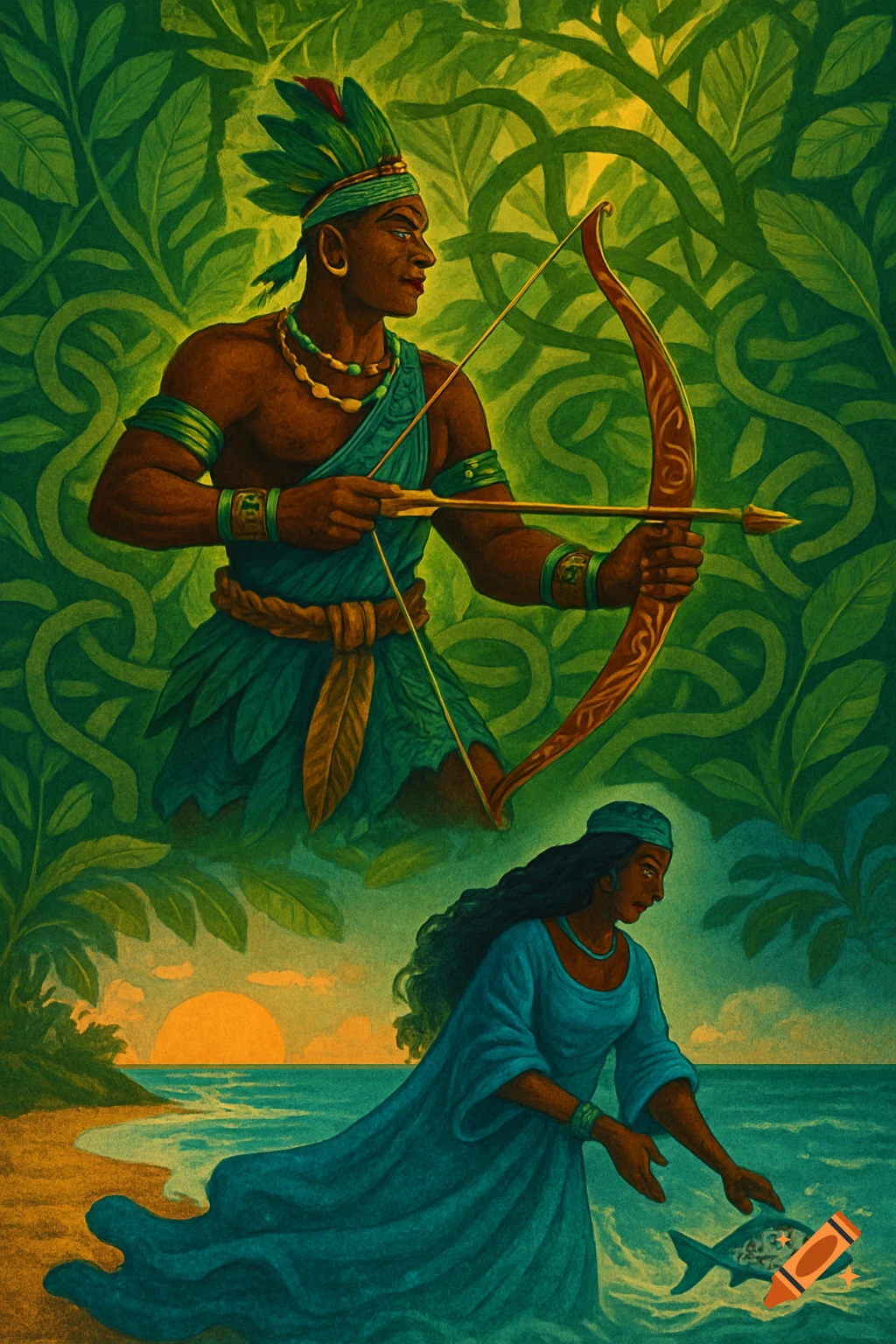 An illustration featuring a male archer in lush green foliage above a woman in blue holding a fish by a tropical sea at sunset.