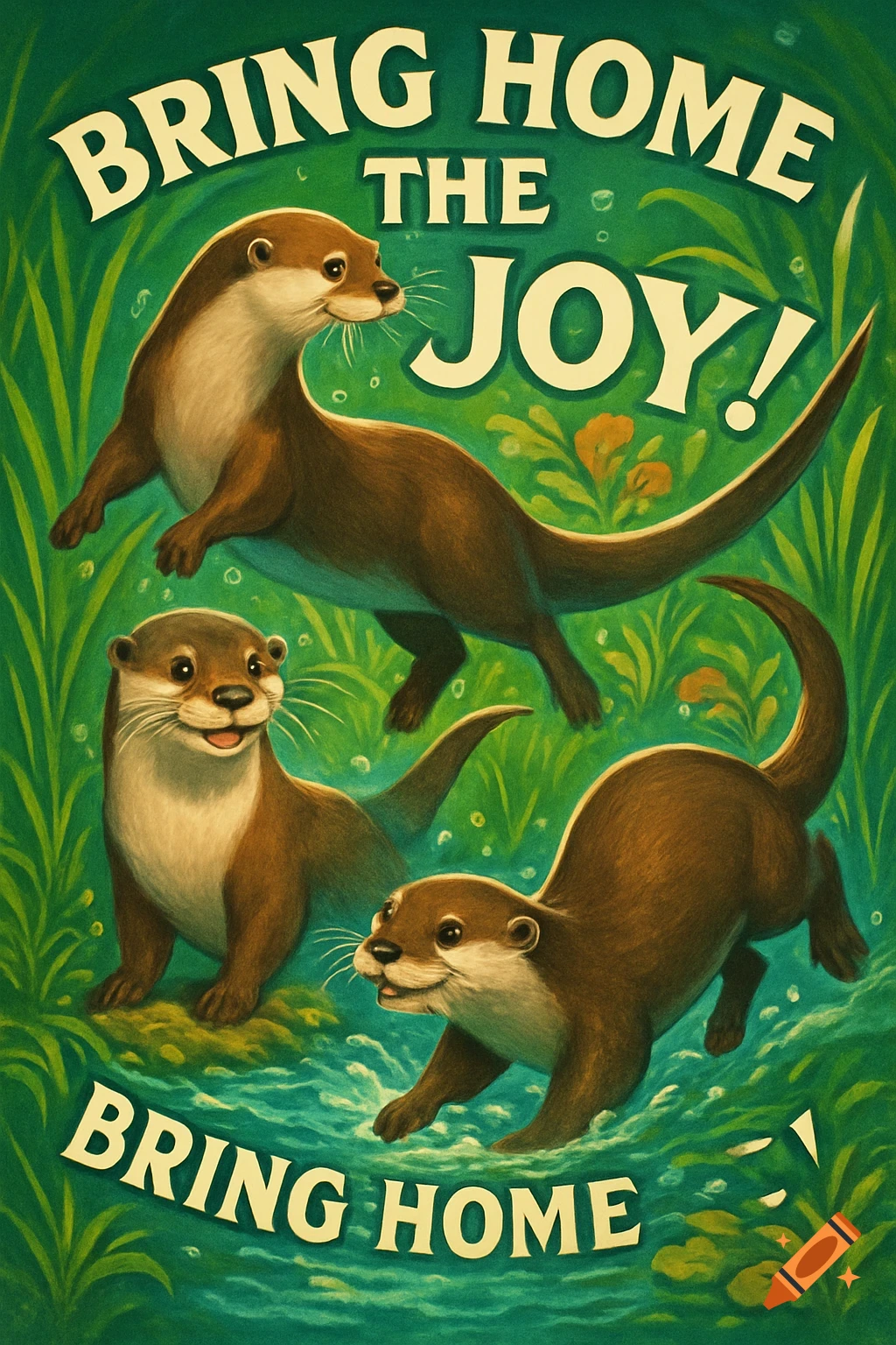 Three playful otters swim and stand amidst green foliage and water, with the text 'BRING HOME THE JOY!'. Whimsical style.