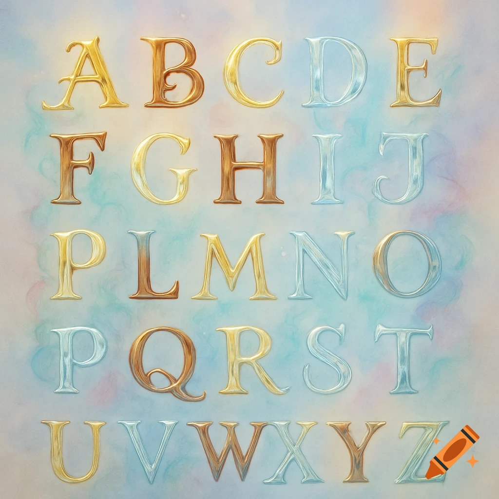 The English alphabet letters from A to Z, rendered in glossy gold and silver hues on a soft pastel background.