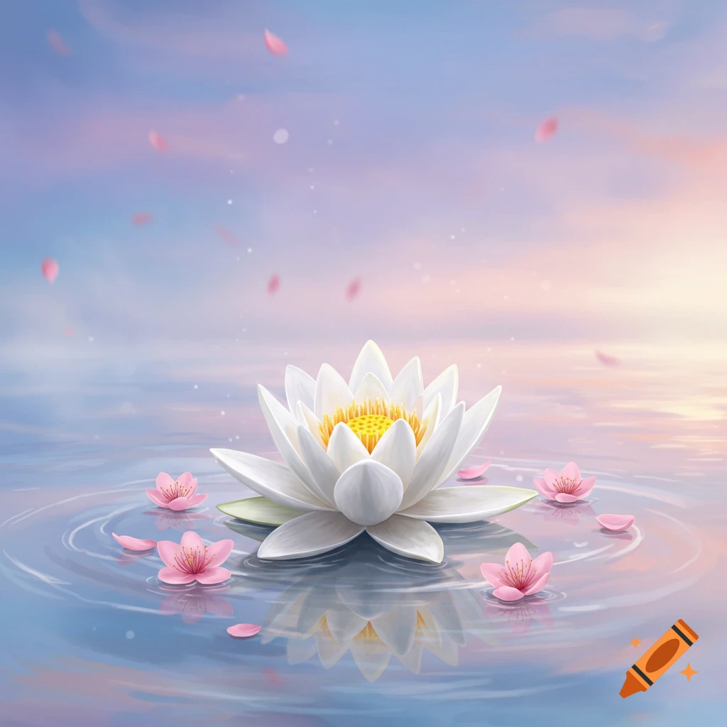 A white lotus flower floats on calm water with pink cherry blossoms and falling petals under a soft pastel sky.