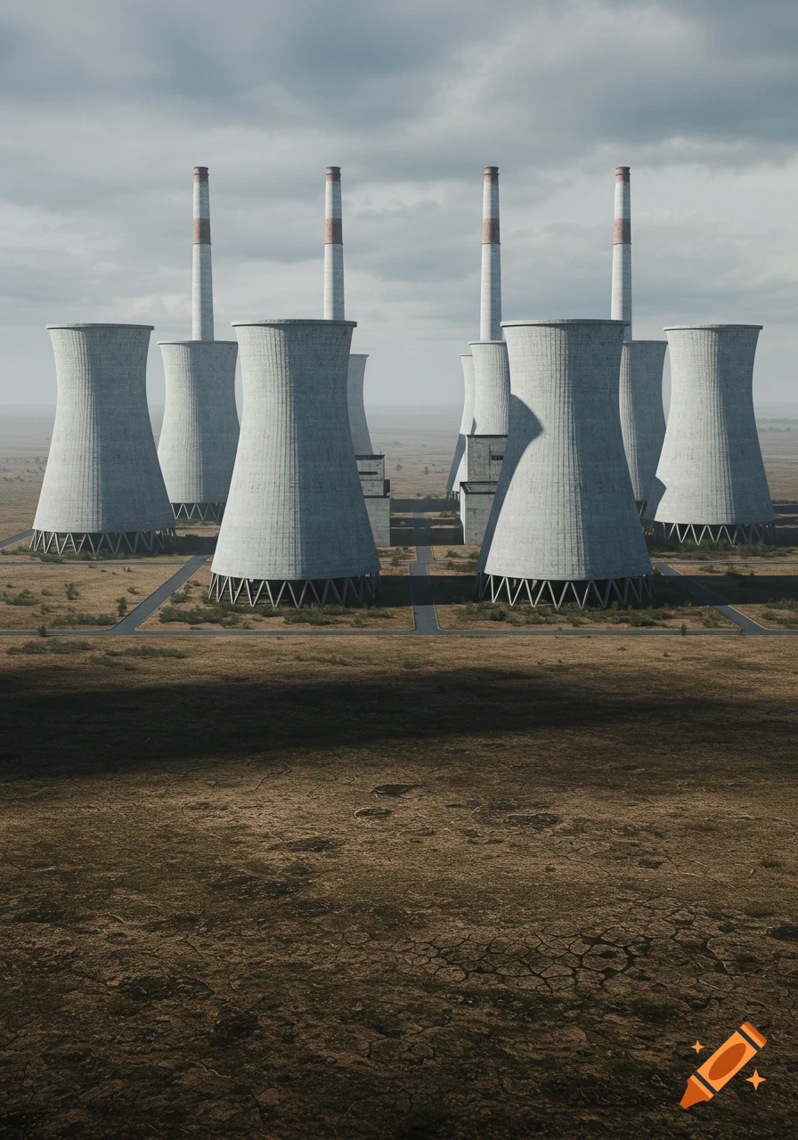 Eight large concrete cooling towers and tall smokestacks stand in a dry, barren field under a cloudy sky.