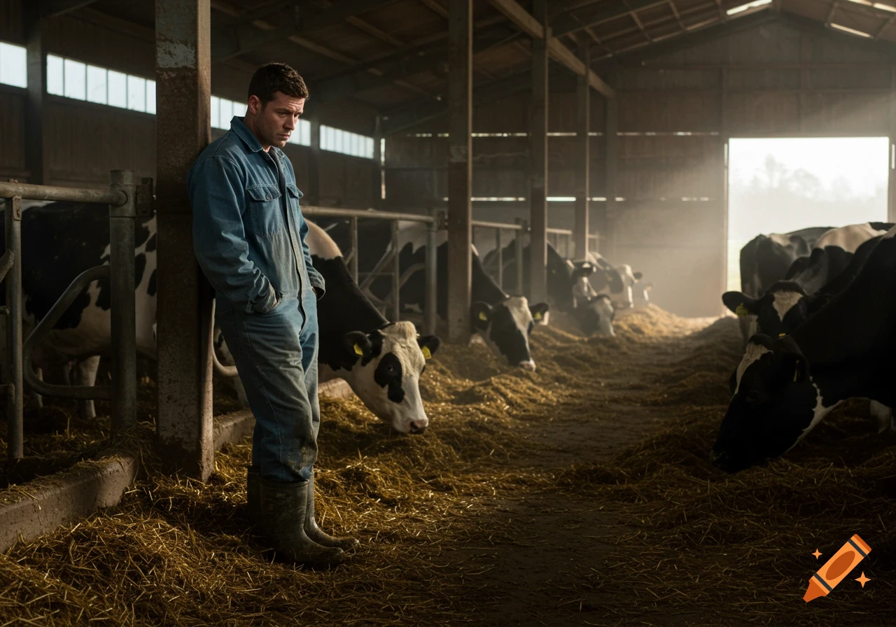 A worried dairy farmer in a barn, observing his cows that appear weak. Photorealistic.