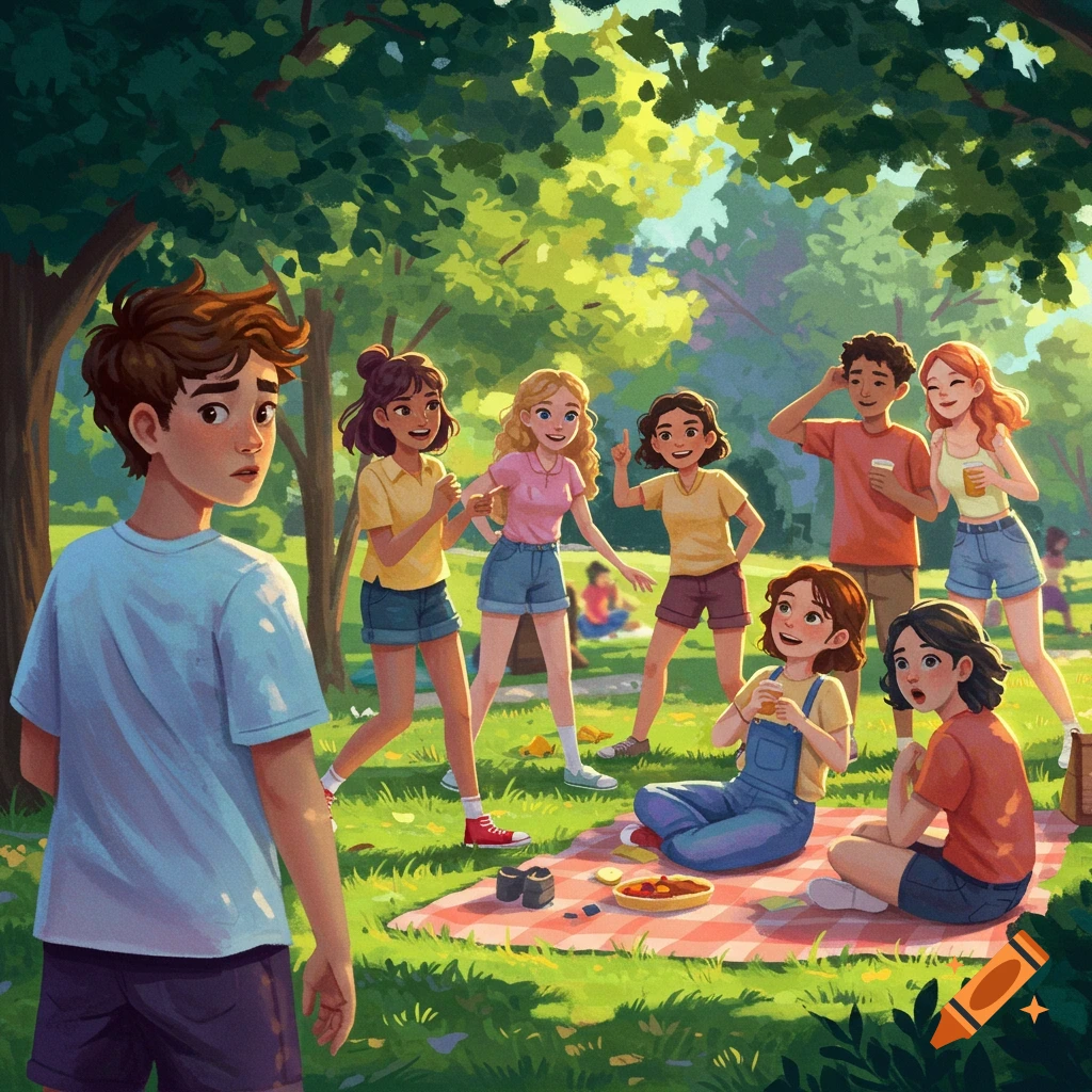 An illustration of a group of friends having a picnic in a sunny park, with one boy looking back hesitantly.