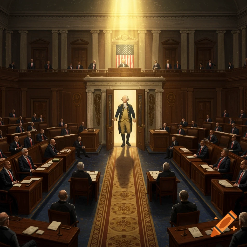 A dramatic, photorealistic image of George Washington entering a modern, sunlit House of Representatives chamber, filled with people in suits.