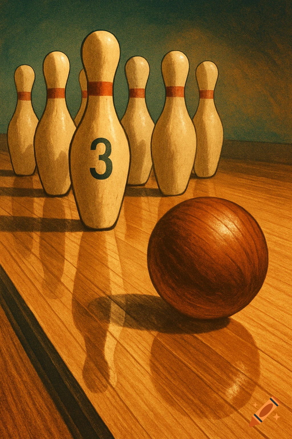 An illustration of a bowling ball on a wooden lane, positioned in front of several bowling pins, with the front pin marked with the number 3.