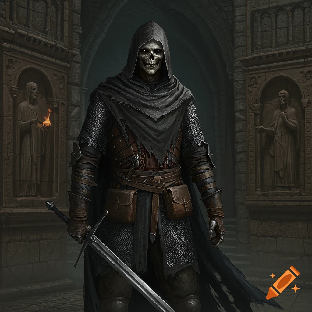 An undead skeleton warrior in chain mail and a dark hooded cloak stands in a gothic stone archway, holding a longsword.