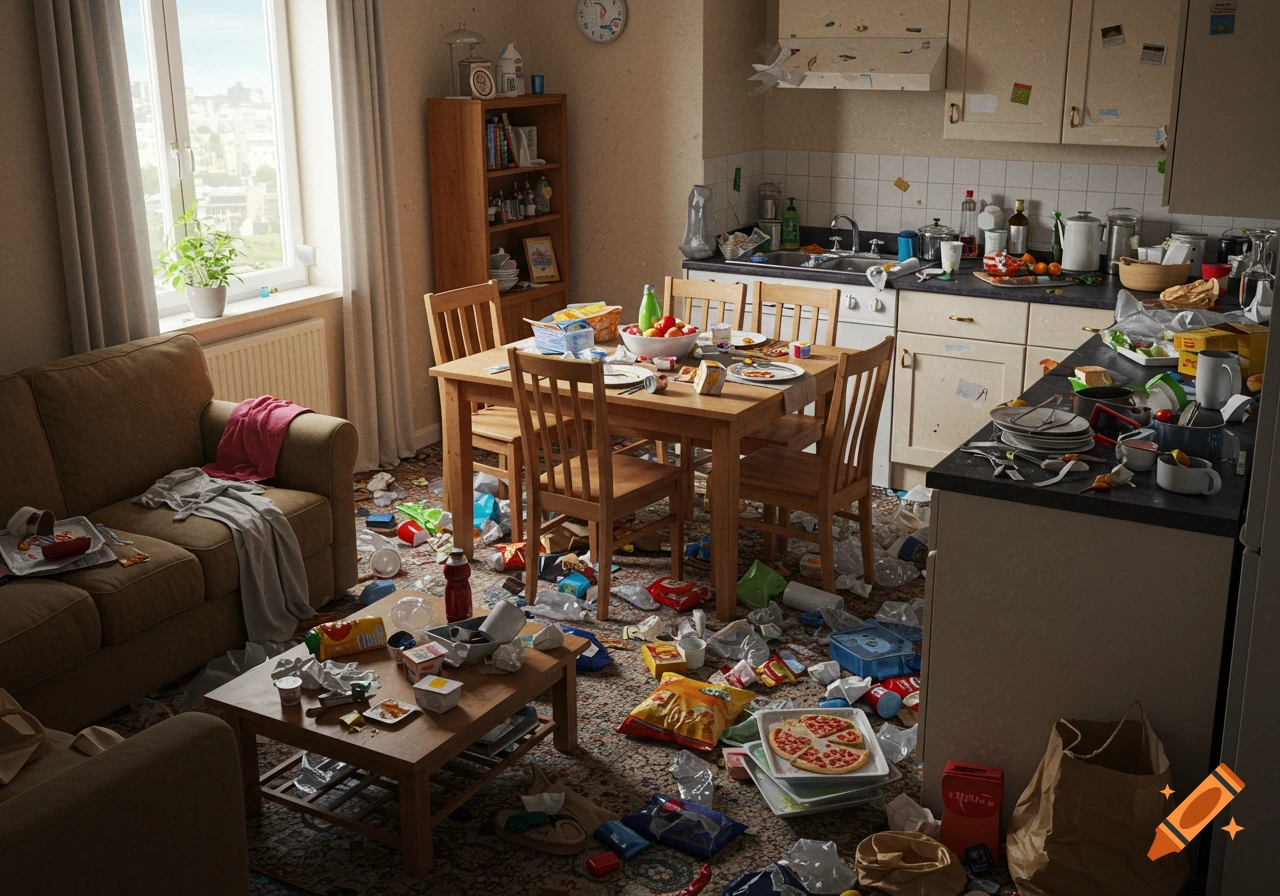 A highly cluttered and messy apartment living room and kitchen, strewn with food wrappers, plastic containers, and dirty dishes.