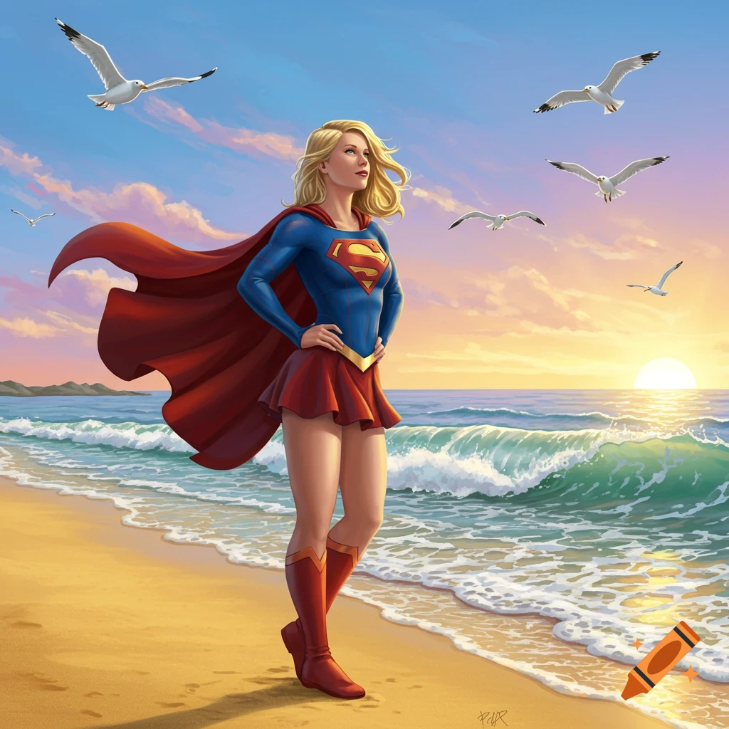 Supergirl stands on a sandy beach looking towards a vibrant sunset, with seagulls flying overhead.