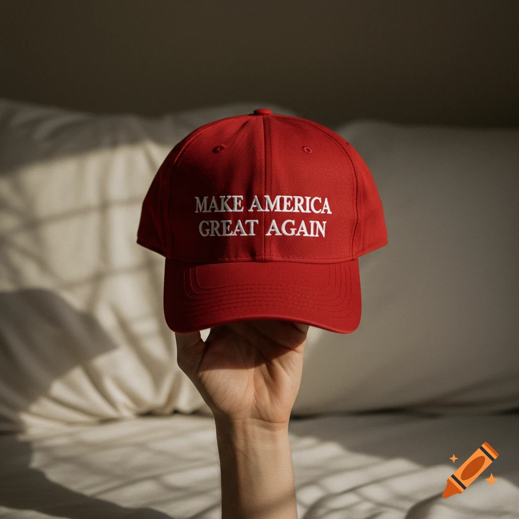 A hand holds a red 'MAKE AMERICA GREAT AGAIN' hat in a room with a bedsheet in the background, photorealistic style.
