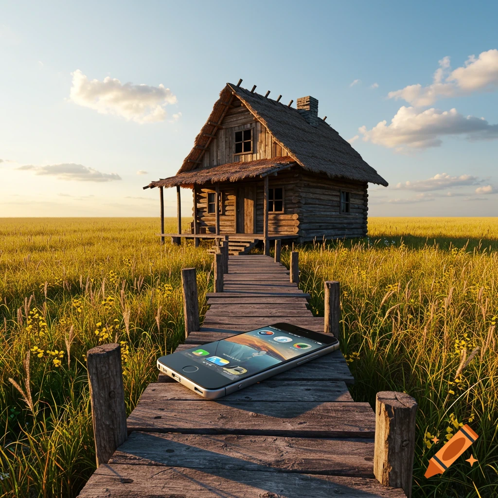 A photorealistic image of an iPhone resting on a wooden path leading to a rustic cabin in a golden prairie field under a blue sky.