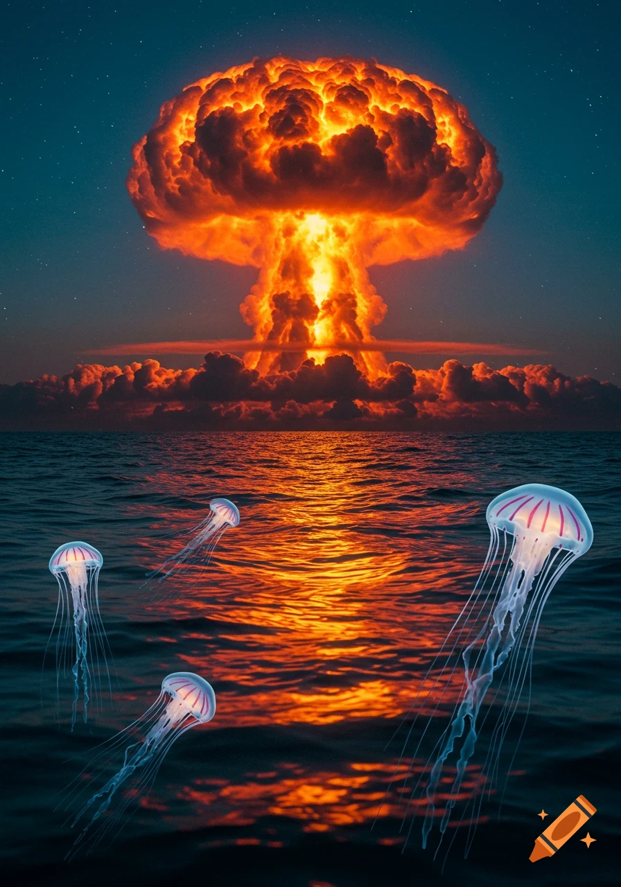 A fiery mushroom cloud explodes over a dark ocean at twilight, with several glowing jellyfish floating nearby.