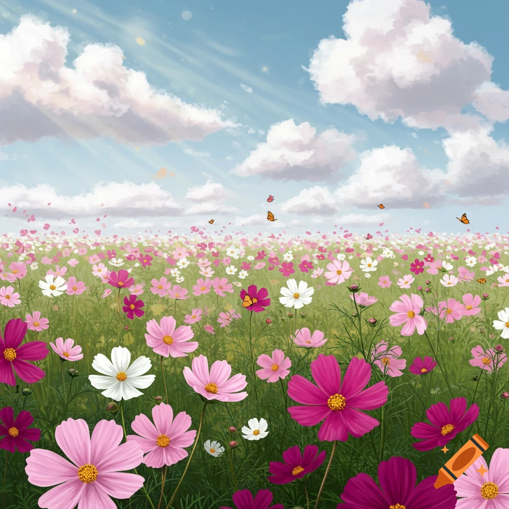 A vibrant field of pink, white, and magenta cosmos flowers under a bright blue sky with fluffy white clouds and butterflies.