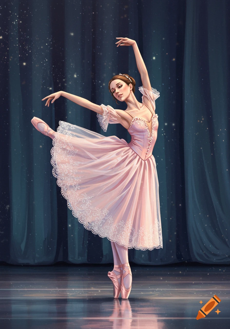 A graceful ballet dancer in a pastel pink tutu performing a classic pose on stage, illustration style.