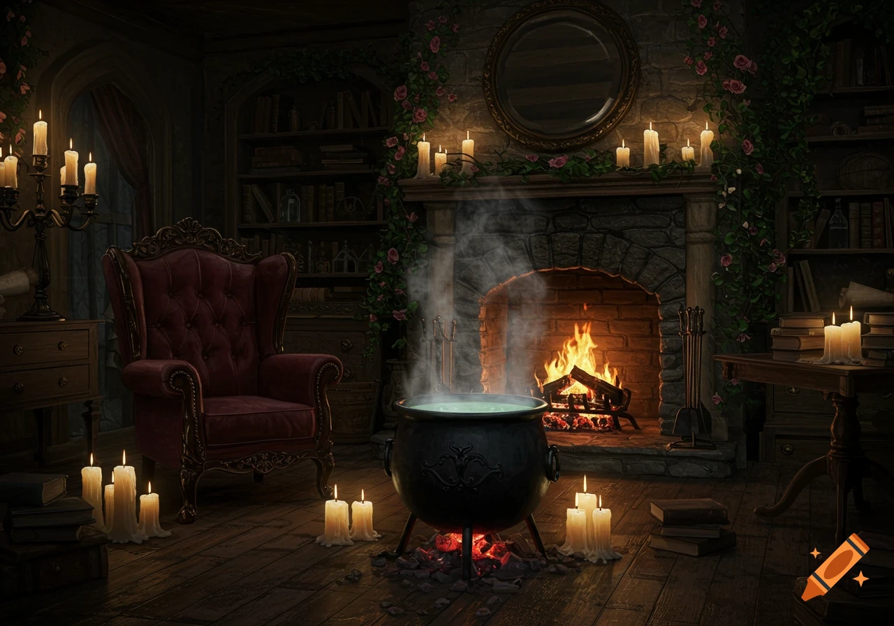 A dimly lit fantasy cottage with a steaming cauldron, a crackling fireplace, a red velvet armchair, and many glowing candles.
