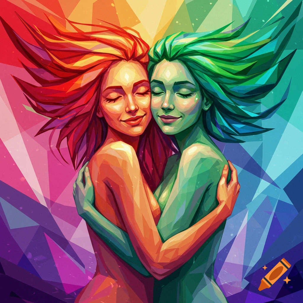 Stylized abstract geometric art of two colorful women with flowing hair embracing against a vibrant background.