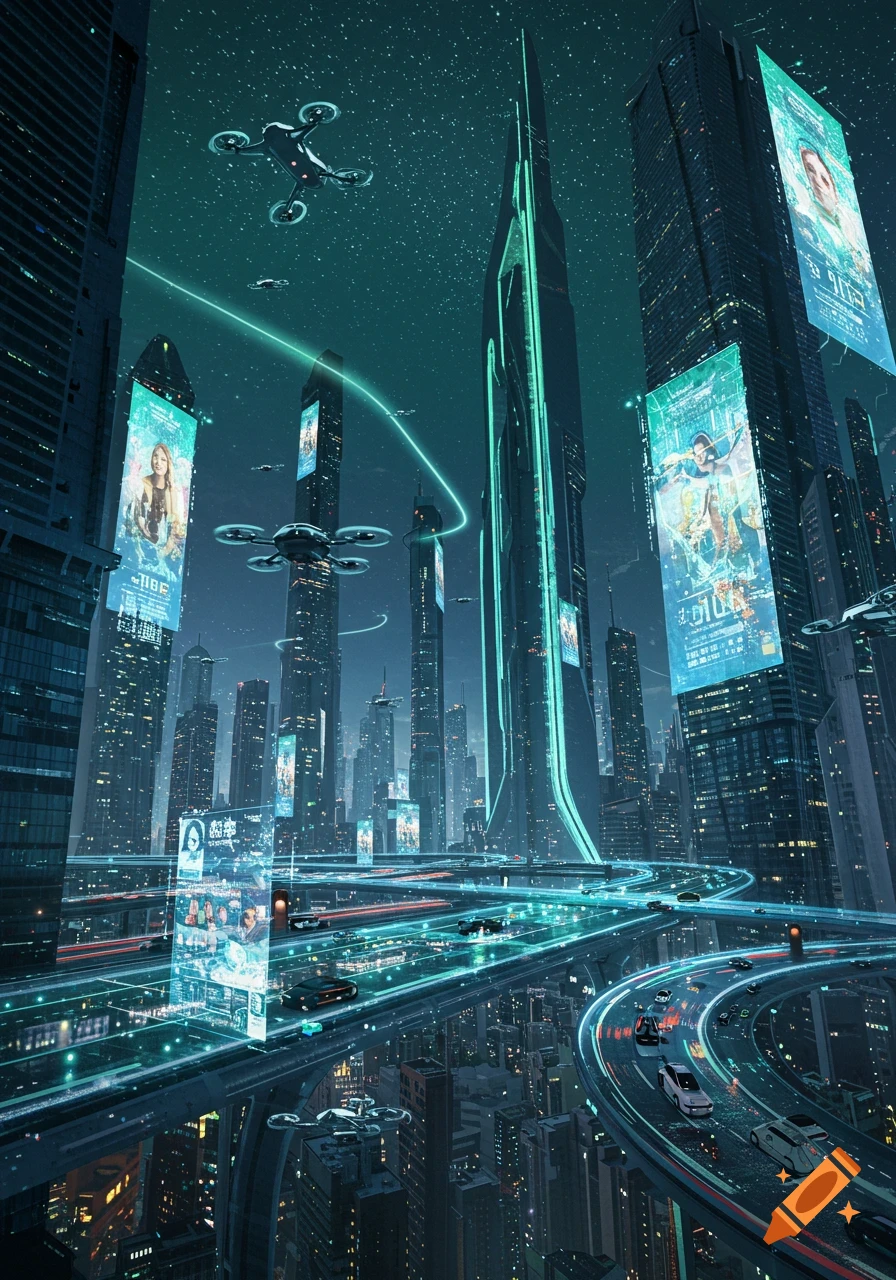 A vibrant futuristic city at night, with towering skyscrapers, glowing highways, flying drones, and large digital billboards.