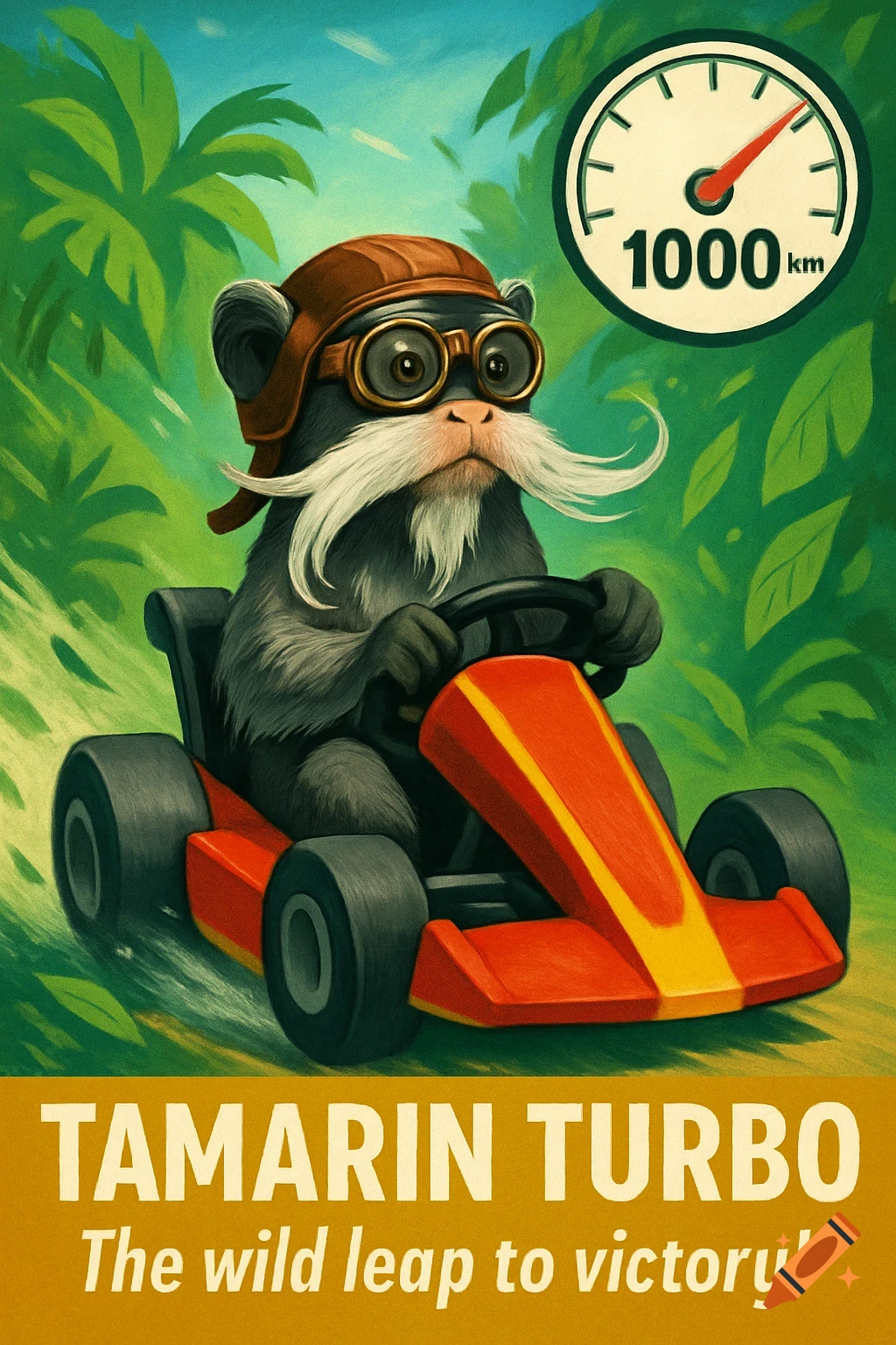 A cartoon tamarin with a white mustache, pilot helmet, and goggles drives a red and yellow racing kart through a jungle, with a speedometer and text.