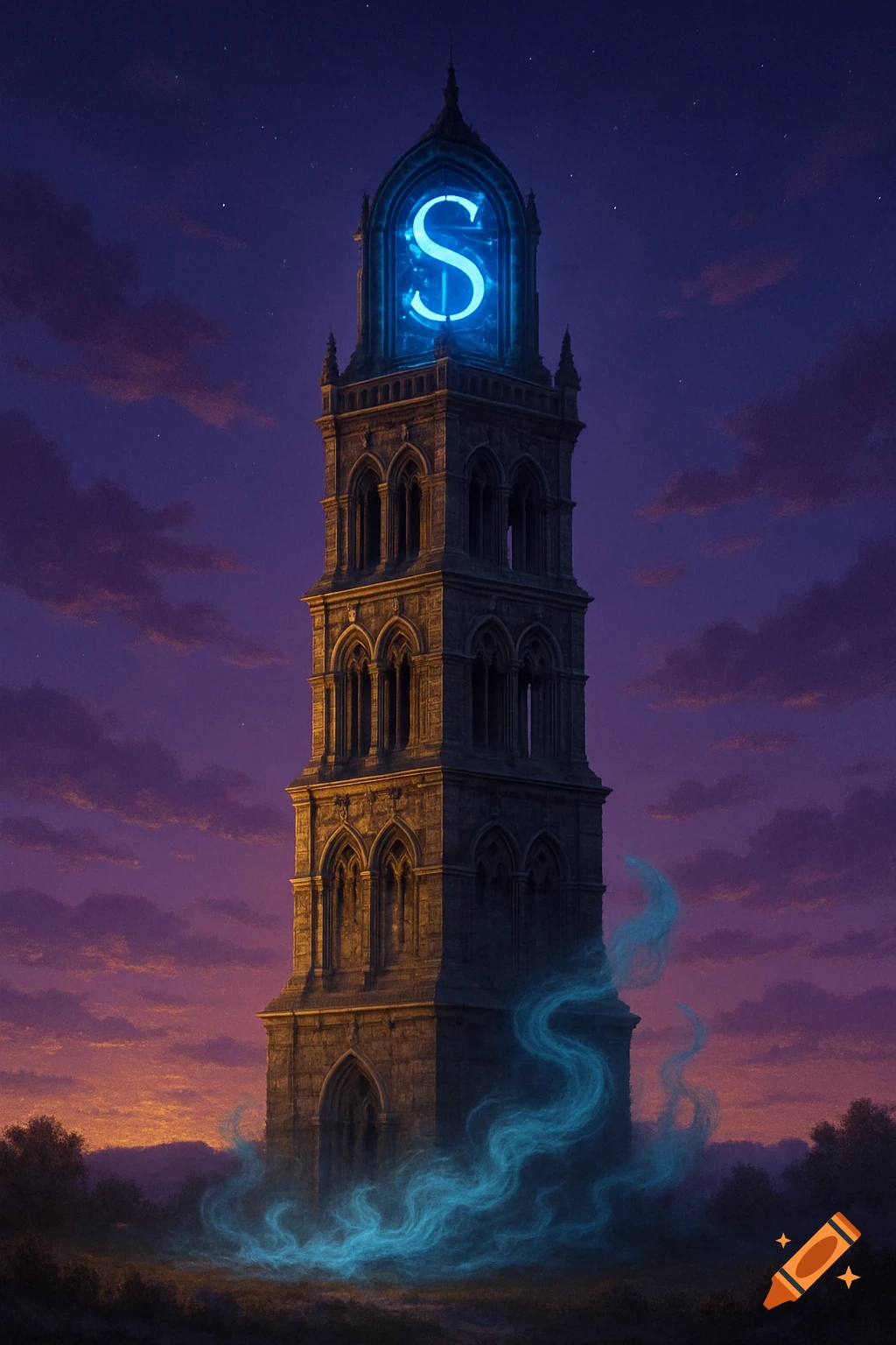 A tall, gothic-style stone tower with a glowing blue 'S' symbol at its peak, and blue mystical mist swirling at its base, set against a twilight sky with purple clouds.